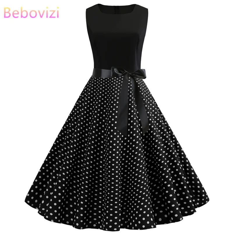 

Bebovizi Women New 2019 Summer Bandage Dress Patchwork Vintage Dot Print Casual Office Elegant Sexy Plus Size Black Dresses