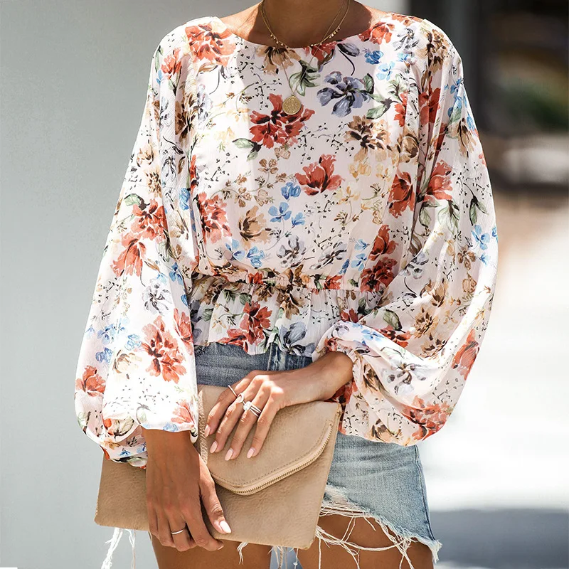 

2019 Autumn Print Long Sleeve Loose Puff Sleeve Women's Chiffon Shirt Corset Casual Street Bohemian Women's Shirt Top