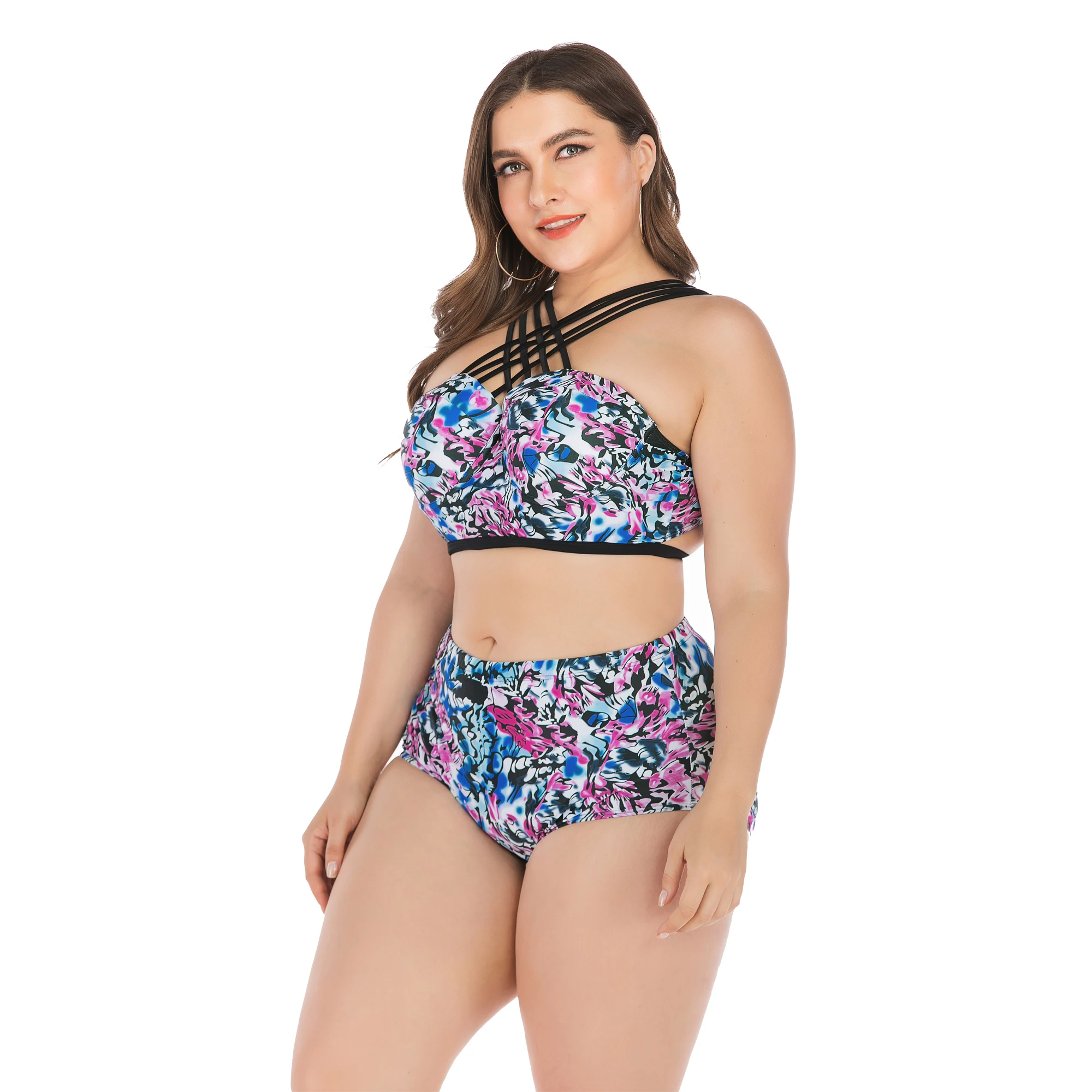 

New Style Swimsuit European And American Ms Fat L plus Fertilizer Hard Solid Color High Waist Bikini Swimsui 4XL 3XL