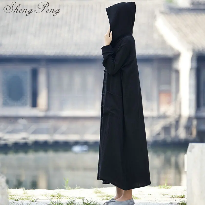 Одежда для медитации Древний китайский костюм традиционная китайская одежда хлопок и лен Халат с капюшоном CC096