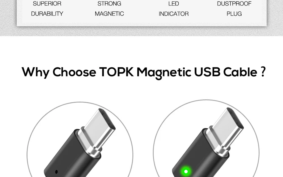 TOPK F-Line Магнитный кабель usb type C 5 в 2.4A нейлоновый Плетеный Светодиодный индикатор USB C магнитное зарядное устройство, кабель для телефонов usb type-C