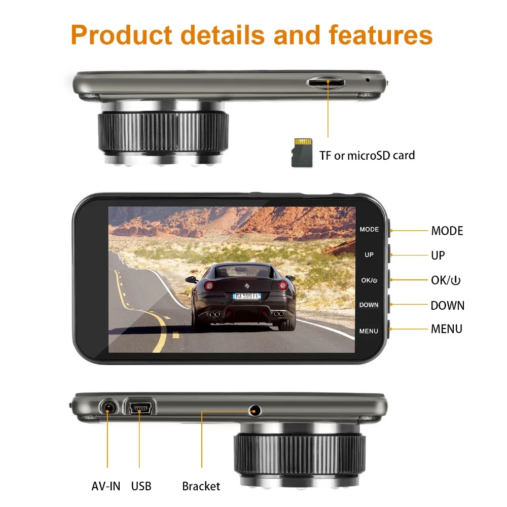 Podofo 4 ''Dashcam двойной объектив Автомобильный видеорегистратор Камера FHD 1080P IPS