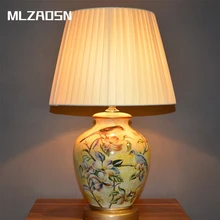 MLZAOSN Керамическая Настольная лампа, прикроватная лампа для спальни, цветной рисунок, китайский стиль, американский пульт дистанционного управления для декора гостиной