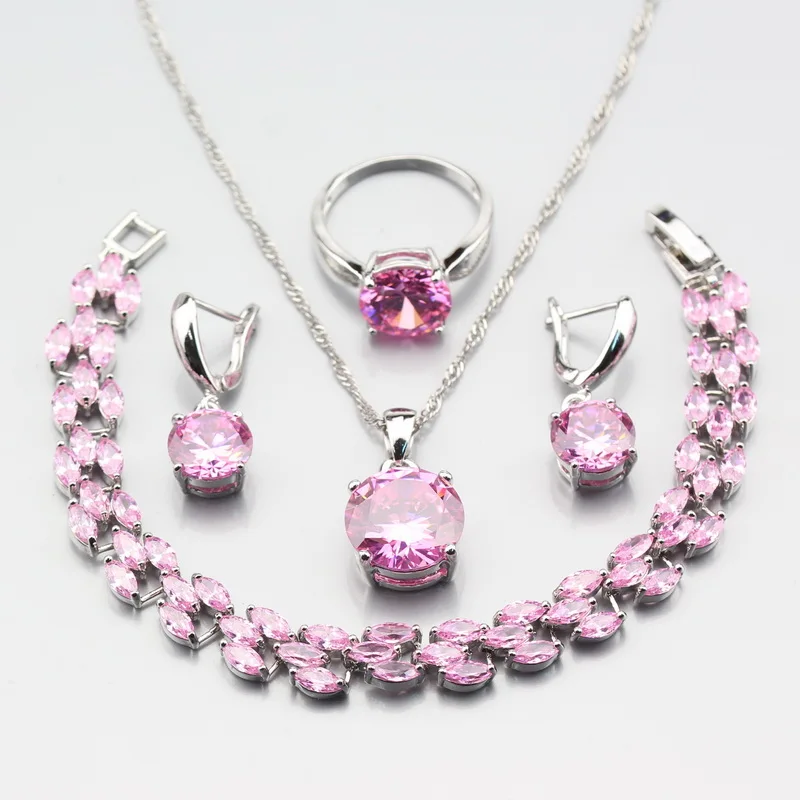 Sweet 4PCS Earrings Ring Pendant Necklace Bracelet 925 Silver Pink