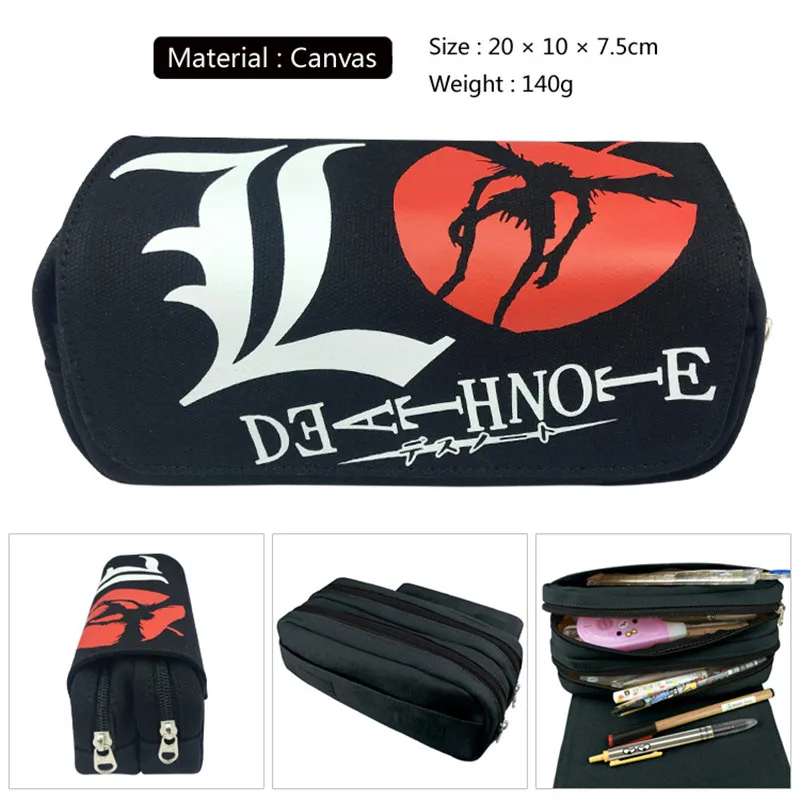 

1pc/lot Death Note Pen bags PencilBags Double Zippers Black Pencil Bag Black/Red/White Stationery Container School Supplies 20cm