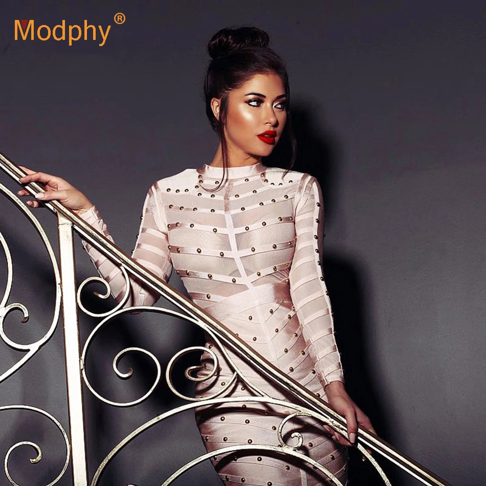 New Winter Celebrity Party Bandage Dress Women Knee Length Bodycon Dresses Sexy Mesh Long Sleeve Beaded Dresses