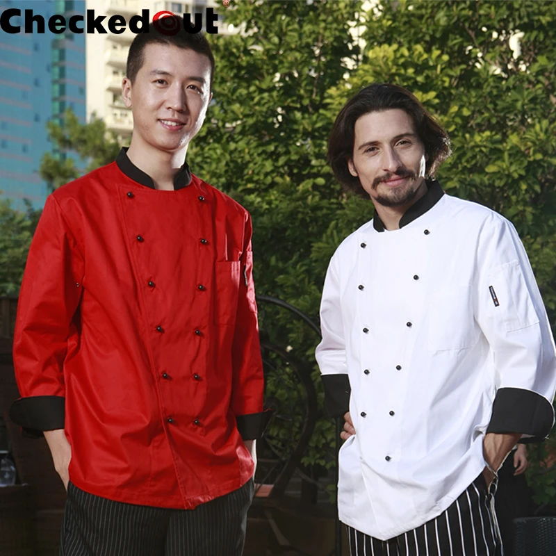 

Restaurant Hotel Kitchen Chef Coats Jackets Uniform Long Sleeves Double-Breasted Removalbe Buttons Black Color Unisex
