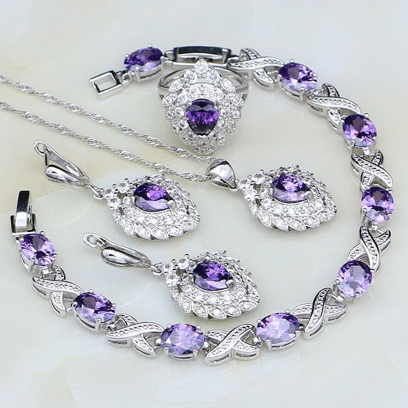 Purple Cubic Zirconia White Crystal 925 Sterling Silver Jewelry Sets