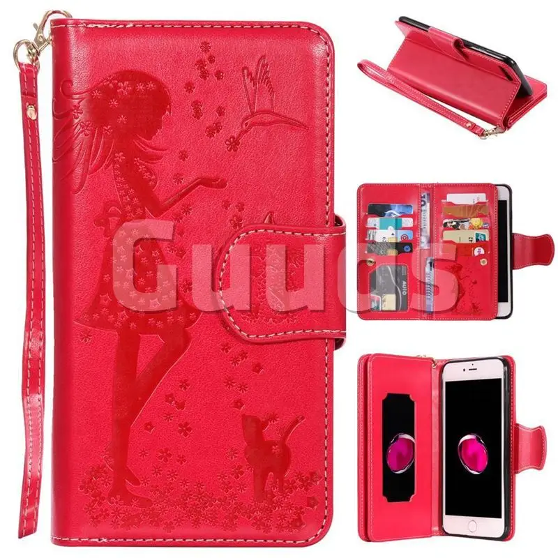 Embossing Cat Girl 9 Card Leather Wallet Case for iPhone 8 Plus / 7 Plus 7P(5.5 inch) - Red