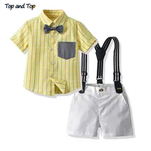 Топ и топ, летние комплекты одежды для мальчиков Детский Костюм Джентльмена рубашка в полоску с короткими рукавами и бантом+ шорты на подтяжках детская одежда из 2 предметов
