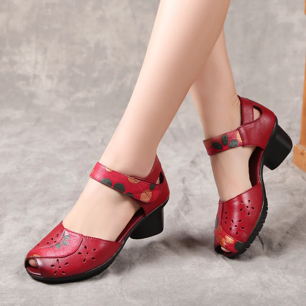 comprar Charply áspera com respirável oco boca de peixe sandálias femininas sapatos sapatos feitos à mão de couro estilo popular mulheres sandálias de salto alto