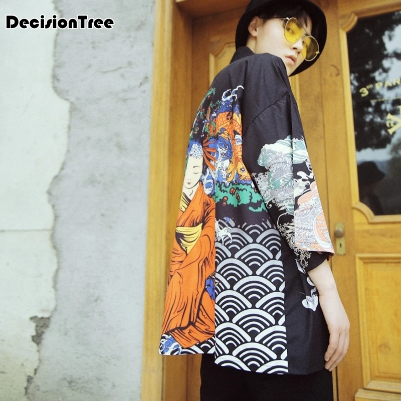 2019 summer mens kimono japanese clothes streetwear casual kimonos jackets harajuku japan style cardigan embroidery outwear