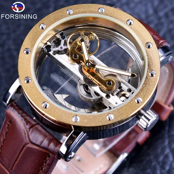 

Forsining 2017 Legend Transparent Genuine Brown Leather Belt Fashion Casual Design Men Skeleton Automatic Watch Top Brand Luxury