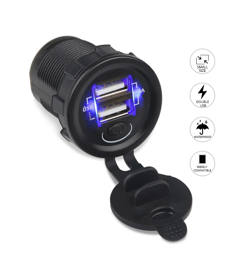 Синее автомобильное зарядное устройство с двумя USB, 5 В, а, с выключателем, быстрая зарядка для телефона, Ipad, 12 В, 24 В, для автомобиля, лодки, грузовика, мотоцикла