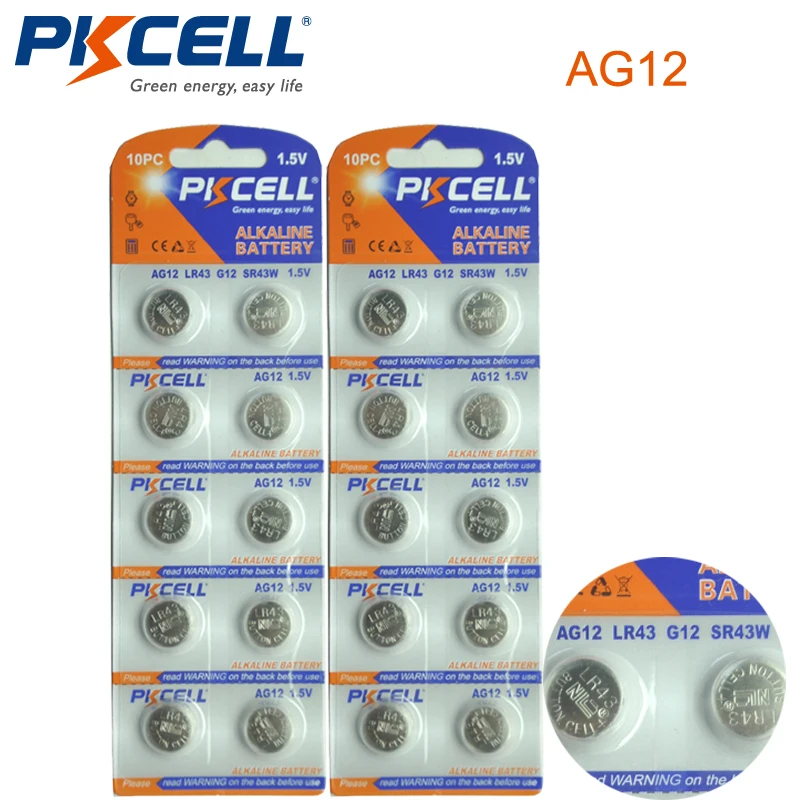 20pcs/lot PKCELL LR43 Button Cell Coin Battery Alkaline AG12 V12GA
