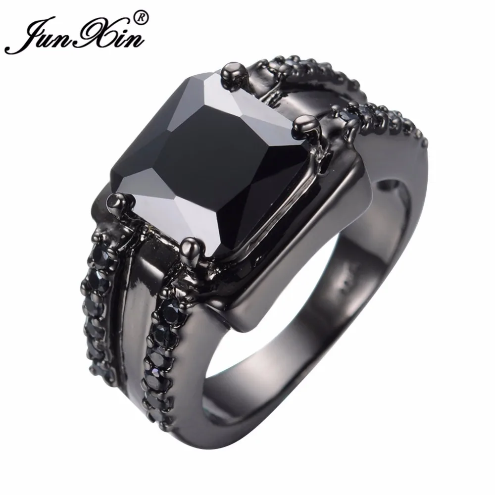 

JUNXIN Fashion Male Black Stone Ring Gorgeous Square Design Zircon Finger Ring Vintage Party Wedding Rings For Men Jewelry Gifts