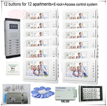 12 Buttons Color Video Door Phones Intercom Systems 12  LCD Security Doorbell for 12 Apartments  +Access Control System+E-lock