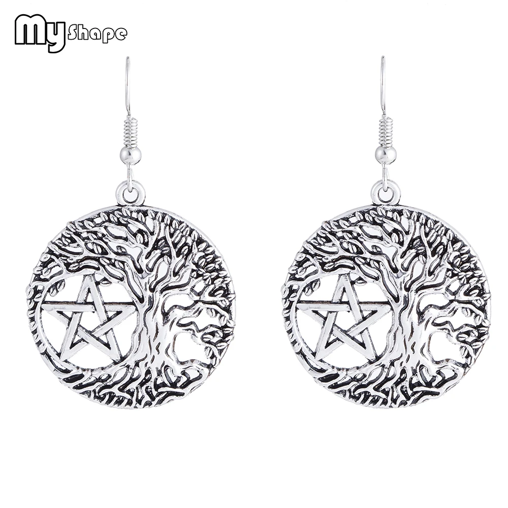 

My Shape Tree of Life Hollow Pentagram Drop Earrings Vintage Wicca Family Tree Silver Lagre Earrings for Women Magic Amulet New