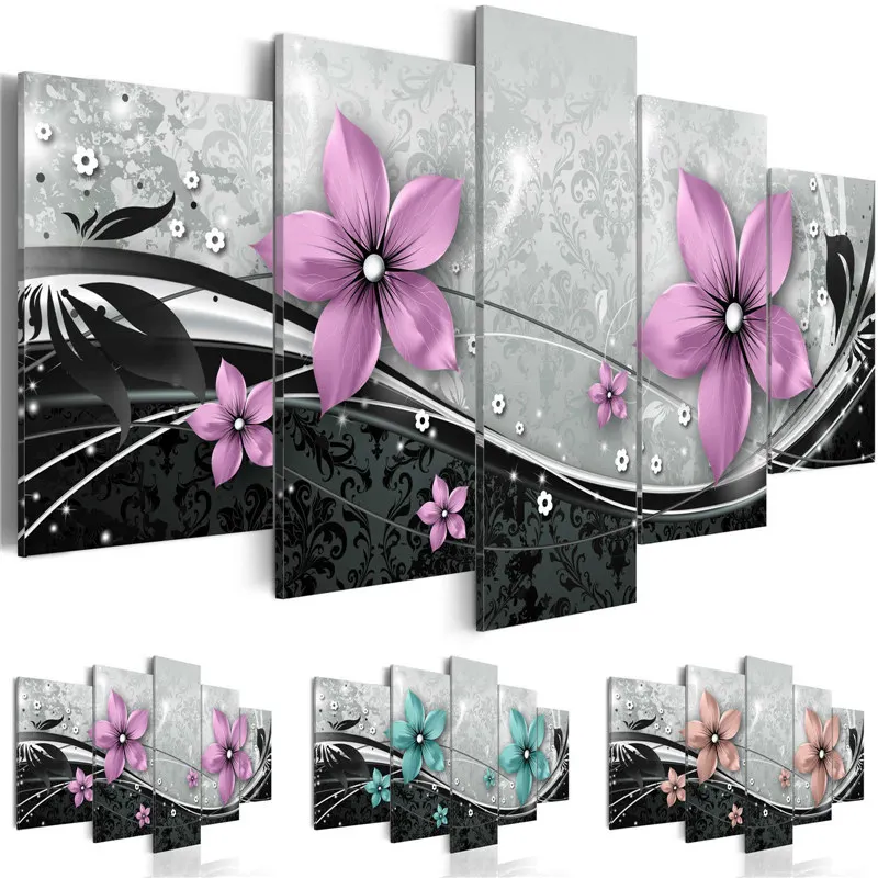 Современная живопись на холсте 5 панелей настенные художественные модульные картины красивые цветы комбинированные картины для гостиной
