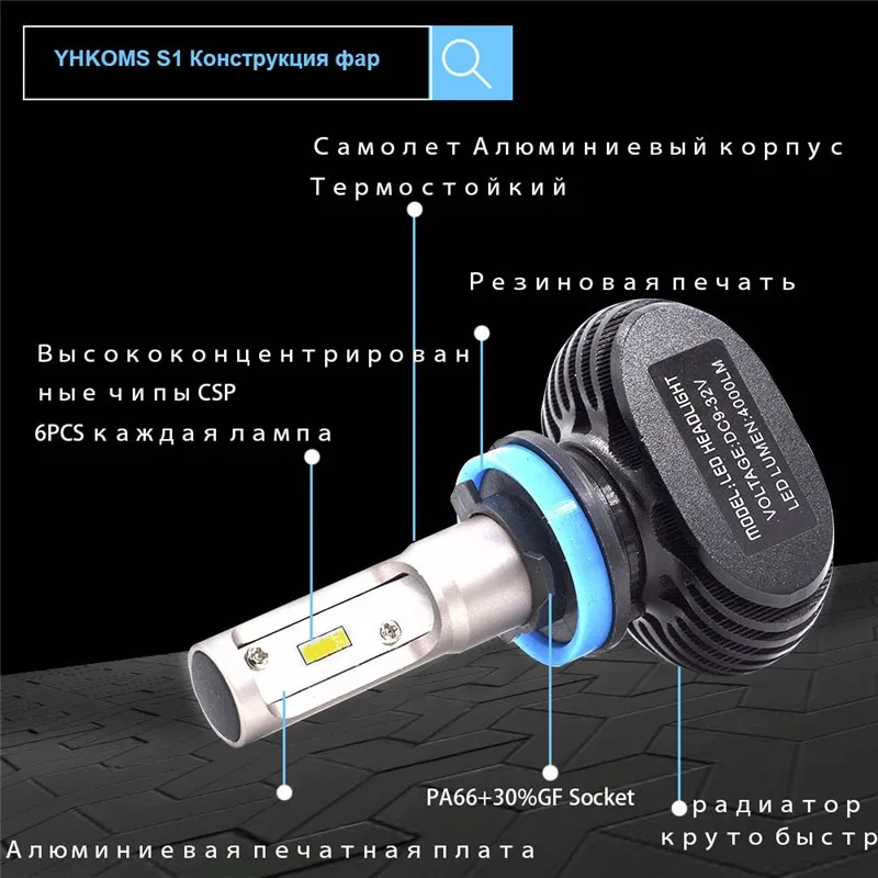 YHKOMS H4 H7 H8 H9 H11 9005 9006 880 881 H1 H3 автомобиля светодиодный фар S1 CSP светодиодный налобный фонарь 50 вт 8000LM авто туман лампочки 6000 К 12 В