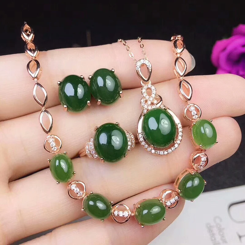 MeiBaPJ Classic Natural Nephrite Jade Gemstone Jewelry Set 925 Sterling