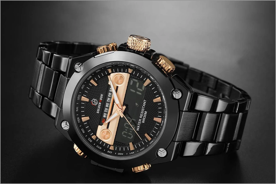 Лучший бренд класса люкс GOLDENHOUR черные мужские часы из нержавеющей стали спортивные мужские часы военные армейские наручные часы Relogio Masculino