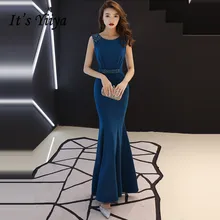 Вечернее платье темно-синий It's YiiYa, халат вечер кристалл с бисером, O-образным вырезом на молнии, без рукавов, труба вечерние платья, TR044,Лето