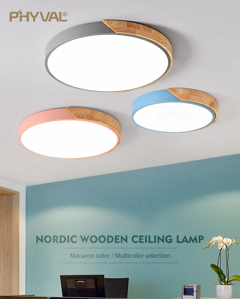 Скандинавские деревянные потолочные светильники с регулируемой яркостью, светодиодные потолочные светильники, круглые, диаметр 30-60, ультра-тонкие, высота 5 см, 7 цветов, железный арт, макарон