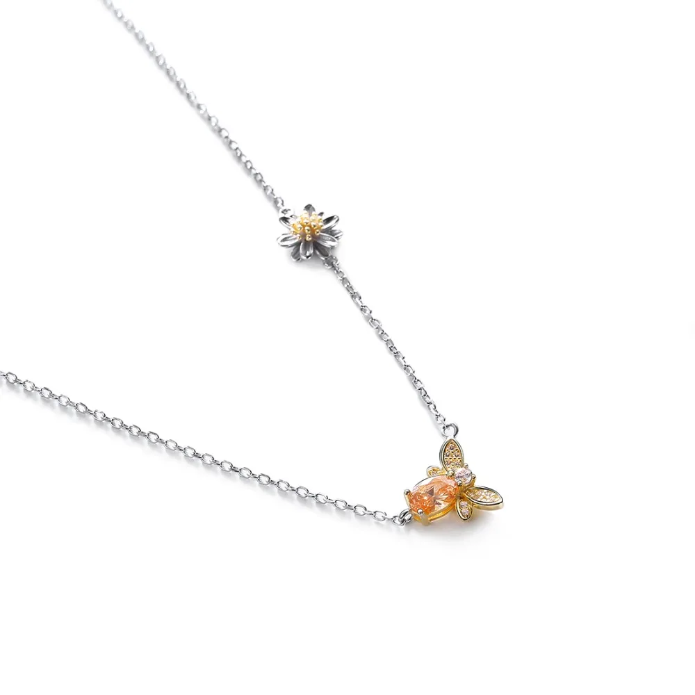 SILVERCUTE Bee ожерелье с цветок ромашка 925 серебро оранжевый камень насекомое кулон s