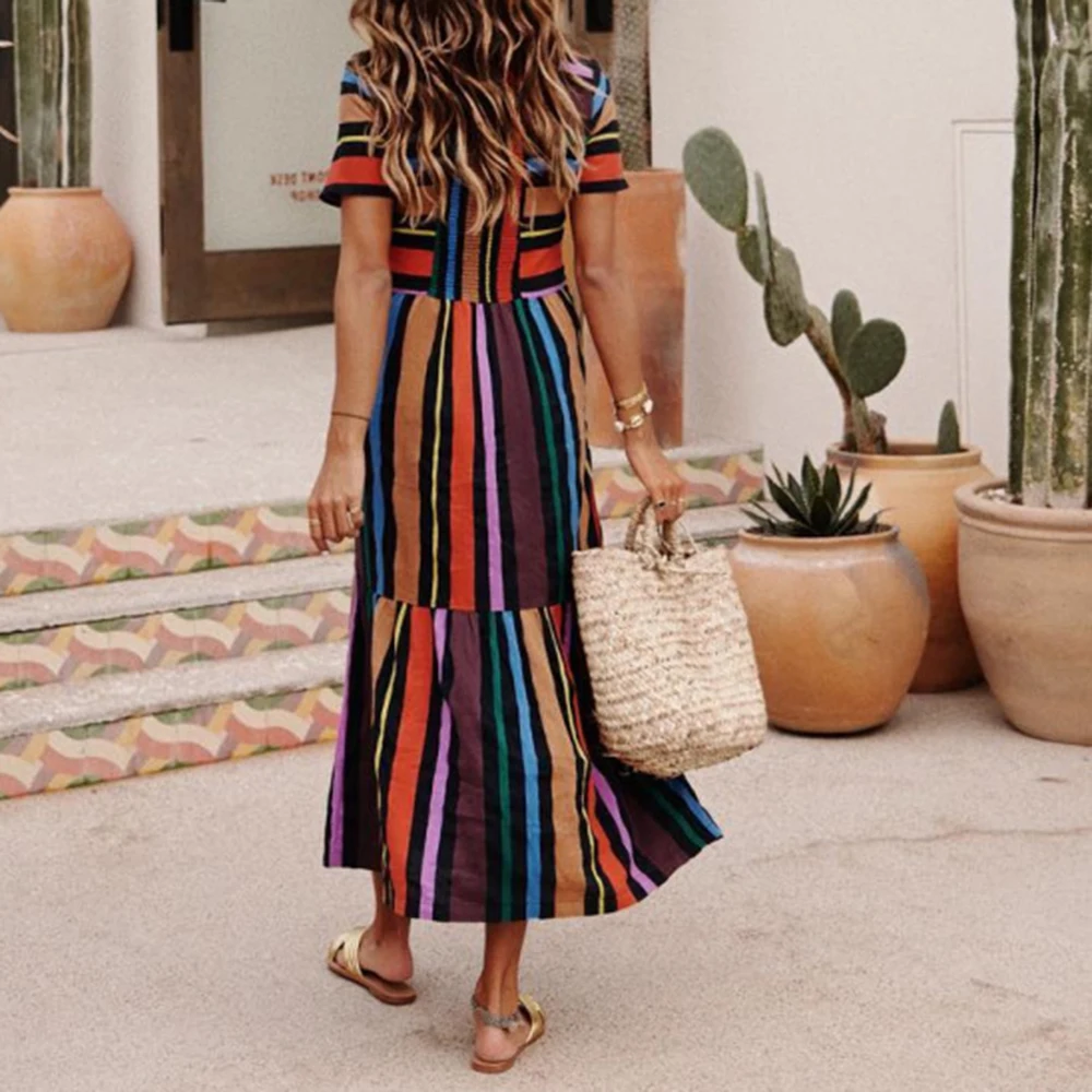 

Women Summer Sexy Beach Dress Rainbow Striped Patchwork Long Dress Bohemian Summer Beach Dress 2019 Elegant Casual Party Dresses