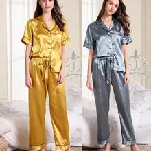 Женская одежда для сна с коротким рукавом и длинными штанами, короткие комплекты ночного белья, Женская атласная пижама, Сексуальная Повседневная одежда J11