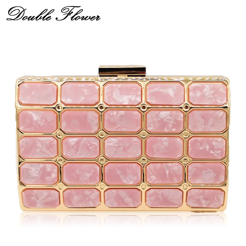 

Double Flower Plaid Pink Acrylic Marble Stones Women Metal Day Clutches Chain Shoulder Crossbody Bag Evening Clutch Handbag