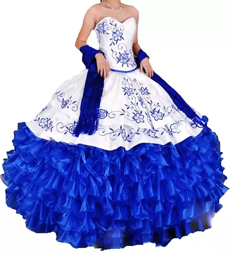 Сексуальная белая синяя вышитая бальное платье пышные платья со шнуровкой из органзы Плюс Размер сладкий 16 платье Vestido Дебютант платья