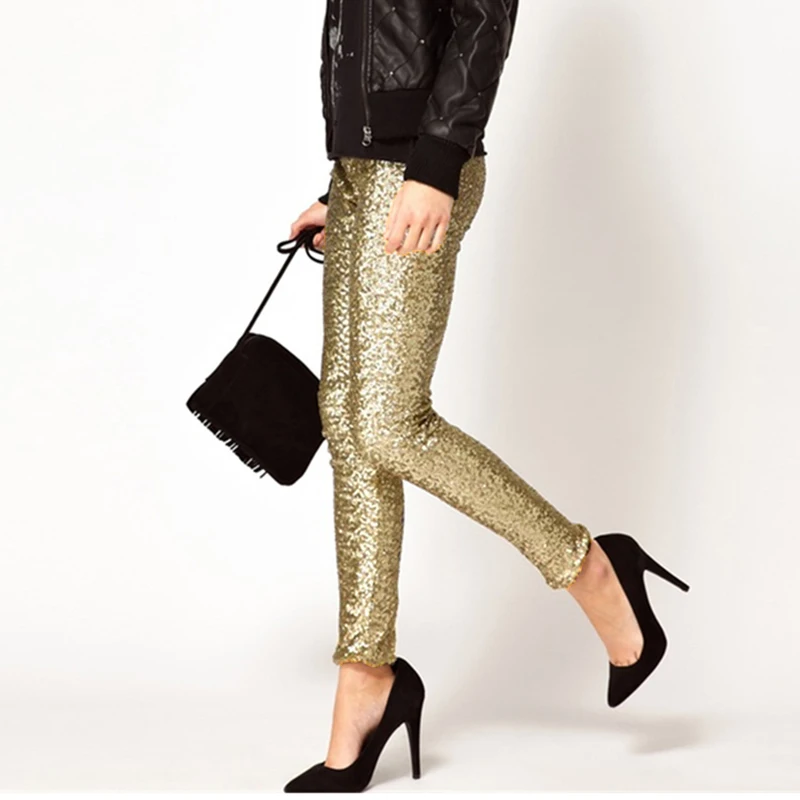 Parthea модные брюки с золотыми блестками женские брюки серебряные блестящие металлические брюки с высокой талией эластичные талии длинные брюки-карандаши