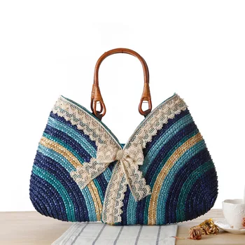 

Fashion Bohemia Summer Women Lace Bow Straw Weave Rattan Handbag straw Beach Bag Woven Shoulder Tote Shopping Beach Bag