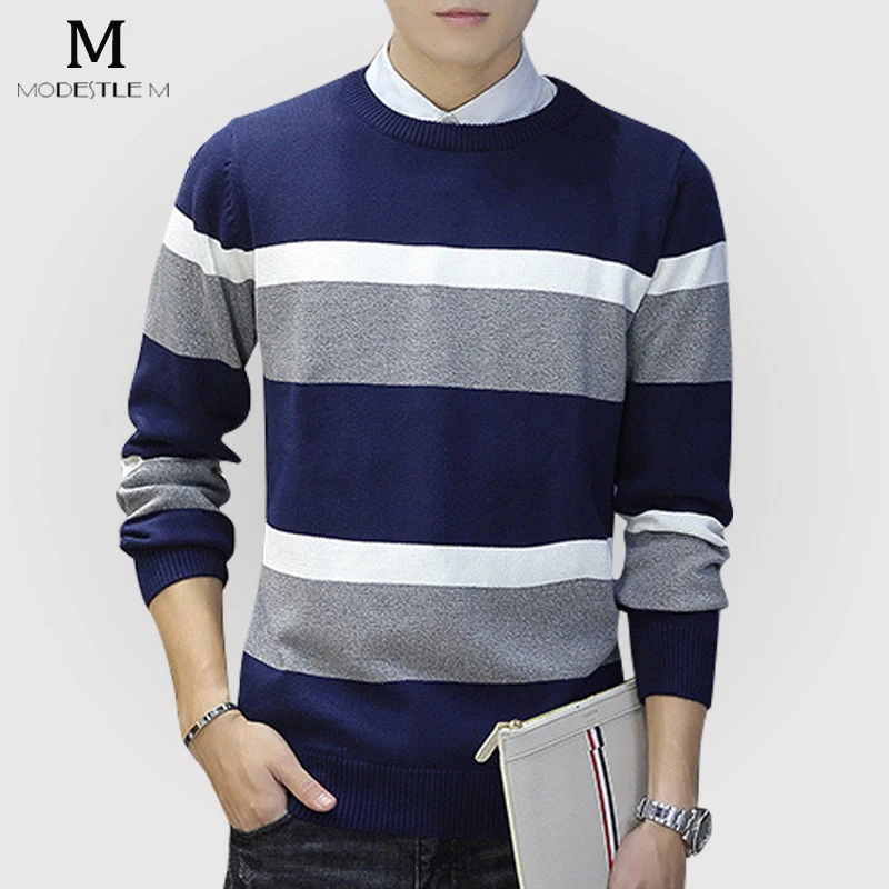 Christmas Pure Cool Casual Cotton Striped Knitted Sweater Men Winter