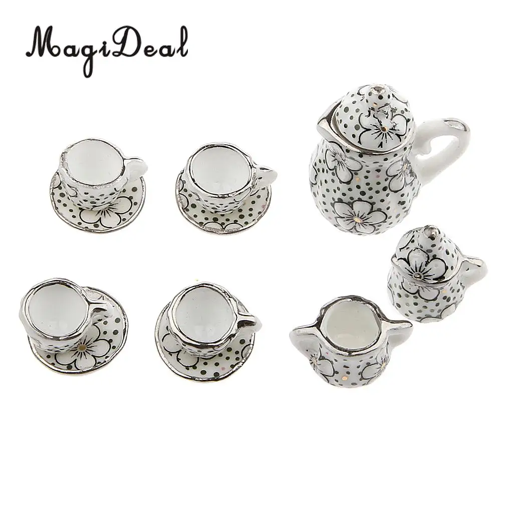 MagiDeal 17Pcs/Lot 1/12 Scale Dolls House Miniature Dining Ware Tea Set Flower Dot Pattern for Collection Kitchen Teahouse Decor