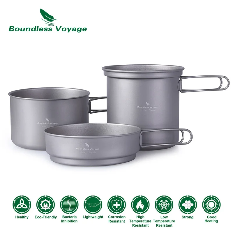 Boundless Voyage Titanium Pot Pan Set con mango plegable al aire libre Camping Picnic mochilero sopa sartén Kit lío