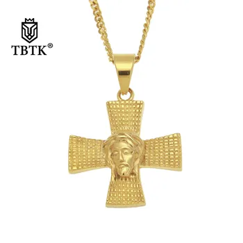 

TBTK Retro Jesus Head Cross Pendant Golden Christian Refined Jewelry Stainless Steel Gold Beautiful Pendant Necklace Punk Style