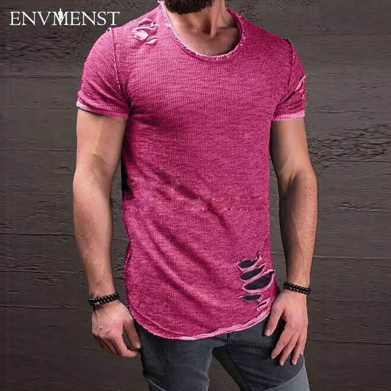 pink Env Мужская футболка из хлопка, винтажная Мужская футболка с дырками в стиле хип-хоп, Мужская модная повседневная футболка, Мужская промытая одежда - Цвет: pink