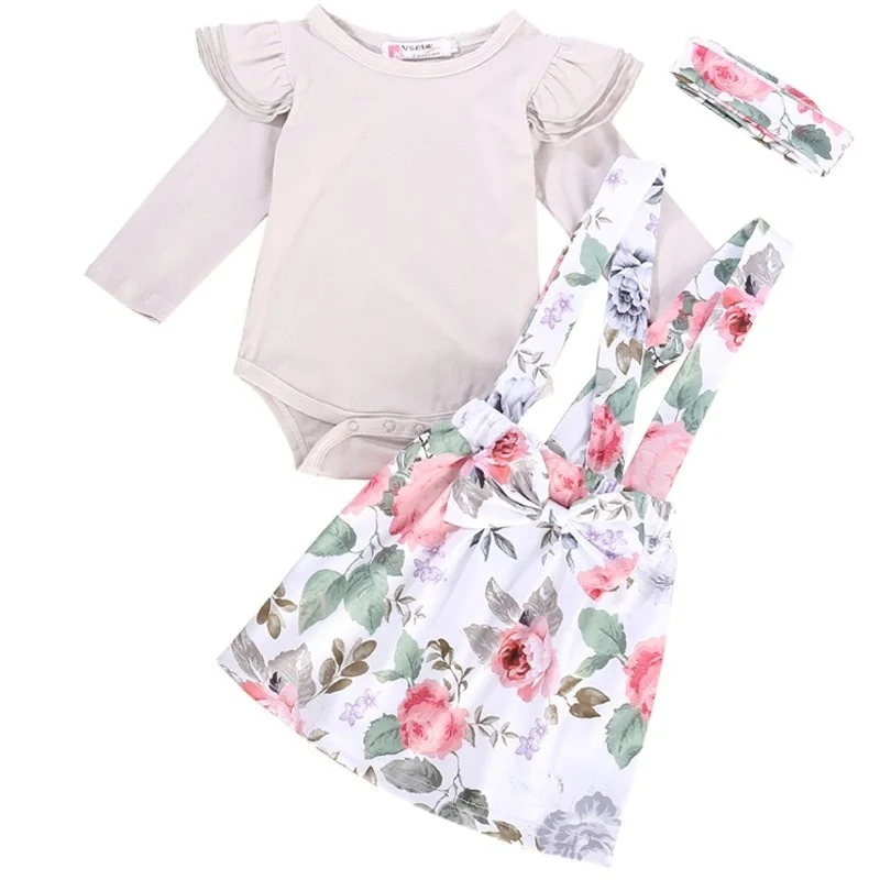 

Baby Girl Clothes Ruched Long Sleeve Romper+Floral Print Bow Suspender Skirt+Headband 3PCS Set