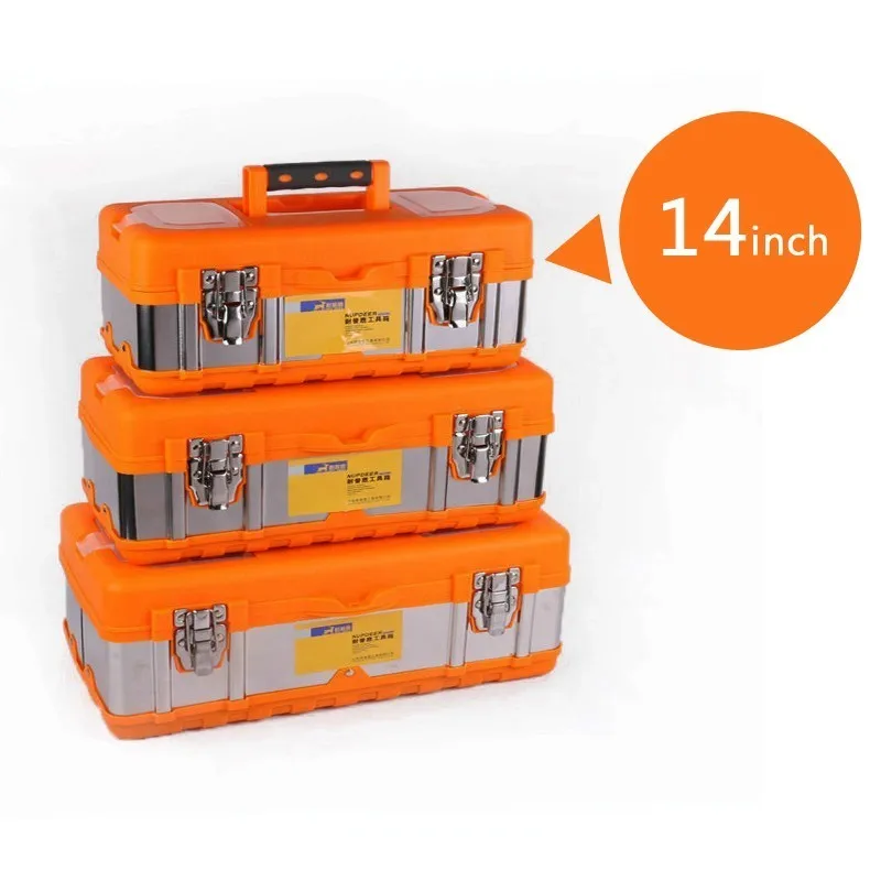 Бытовой портативный большой пластиковый ящик для инструментов из нержавеющей стали, рабочий ящик для инструментов, органайзер для инструментов, оборудование для ремонта автомобиля, электрик - Цвет: 14inch Orange