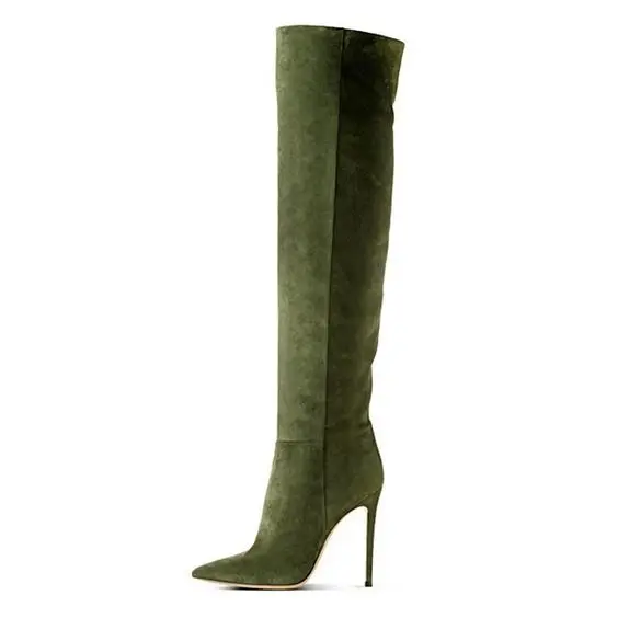 Новое поступление; женские шикарные сапоги до бедра в армейском стиле; замшевые сапоги на шпильке с острым носком; простые элегантные сапоги - Цвет: army green