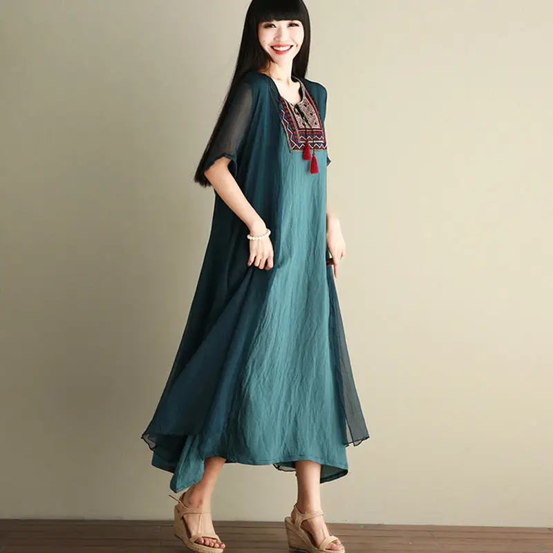 Летнее свободное платье большого размера в народном стиле с вышивкой, женское повседневное хлопковое льняное платье с коротким рукавом для женщин Vestidos z656 - Цвет: dark  green