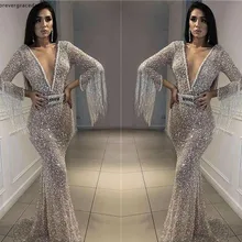 Серебряное платье с блестками для выпускного вечера с глубоким v-образным вырезом и длинными рукавами, одежда для торжеств, праздников, выпускного вечера, вечернее платье размера плюс