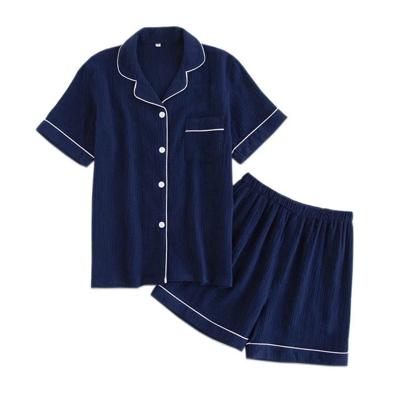 

Navy blue crape 100% cotton short pajamas sets women summer Sexy pure color pijamas mujer pyjamas women casual indoorwear
