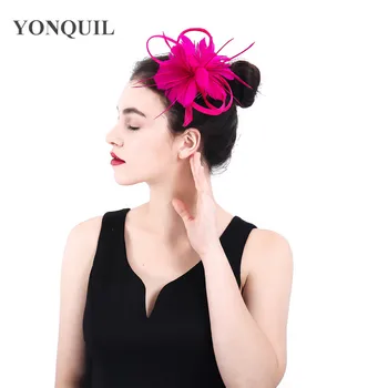 

women hot pink sinamay Fascinator with feather flower ladies hair accessories wedding Hair clips party floral headband XMF393