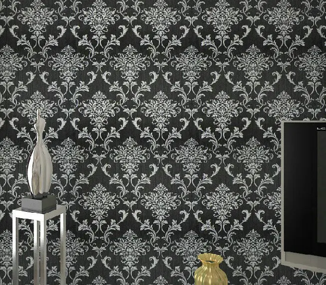 PVC glitter black/silver damask wallpaper background wall bedroom