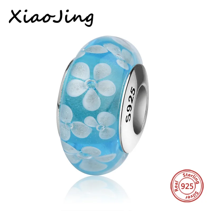 

New 925 silver blue Murano glass beads diy charms with white flower petal fit original European bracelets jewelry women gifts