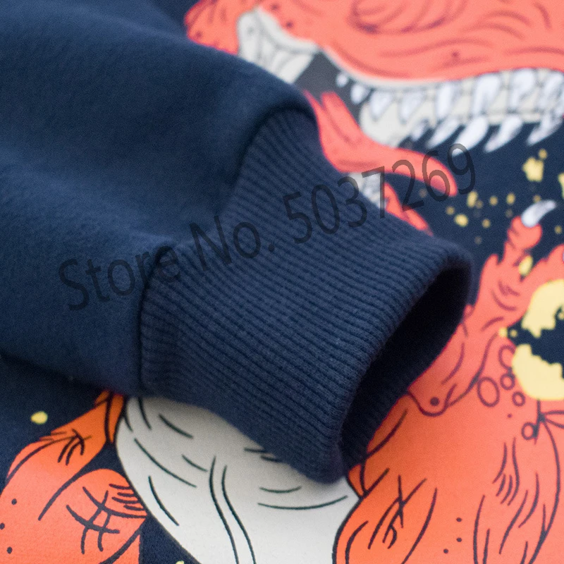 BINIDUCKLING Spring Autumn Baby Boys Hoodies O-Neck Long Sleeve Fleece Lining Cartoon Dinosaur Print Casual Kids Child Tops